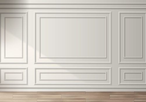 Room interior with white classic wall panel and wooden floor. Light background with luxury elegant molding frames. Realistic 3d vector illustration of home or office design with moulding and parquet