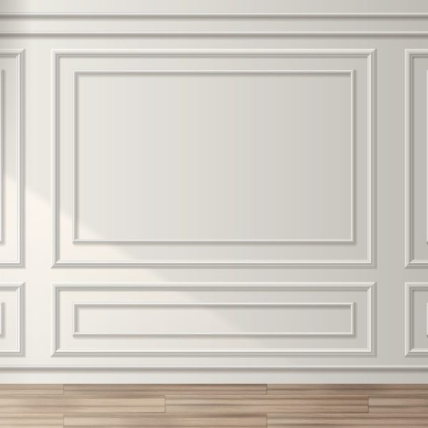 Room interior with white classic wall panel and wooden floor. Light background with luxury elegant molding frames. Realistic 3d vector illustration of home or office design with moulding and parquet