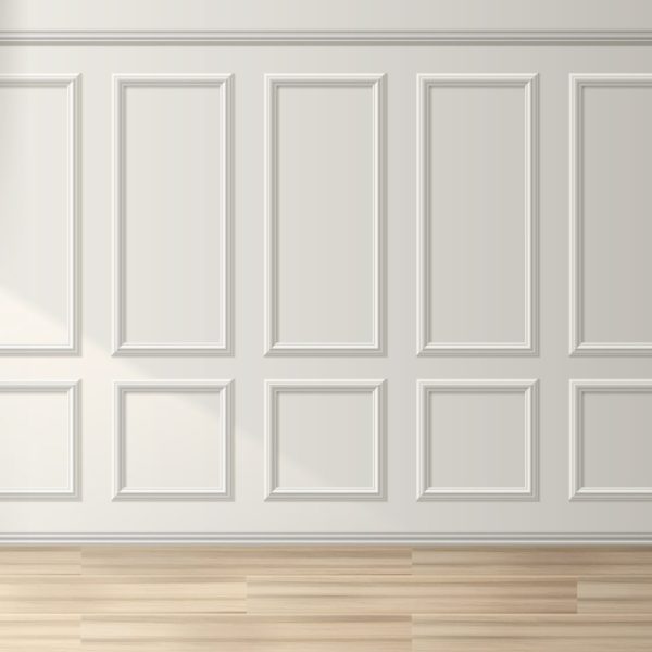 Classic white wall with wooden frames. Vector realistic illustration elegant room design with natural oak wood floor, vintage interior panels with molding decoration and baseboard, seamless background